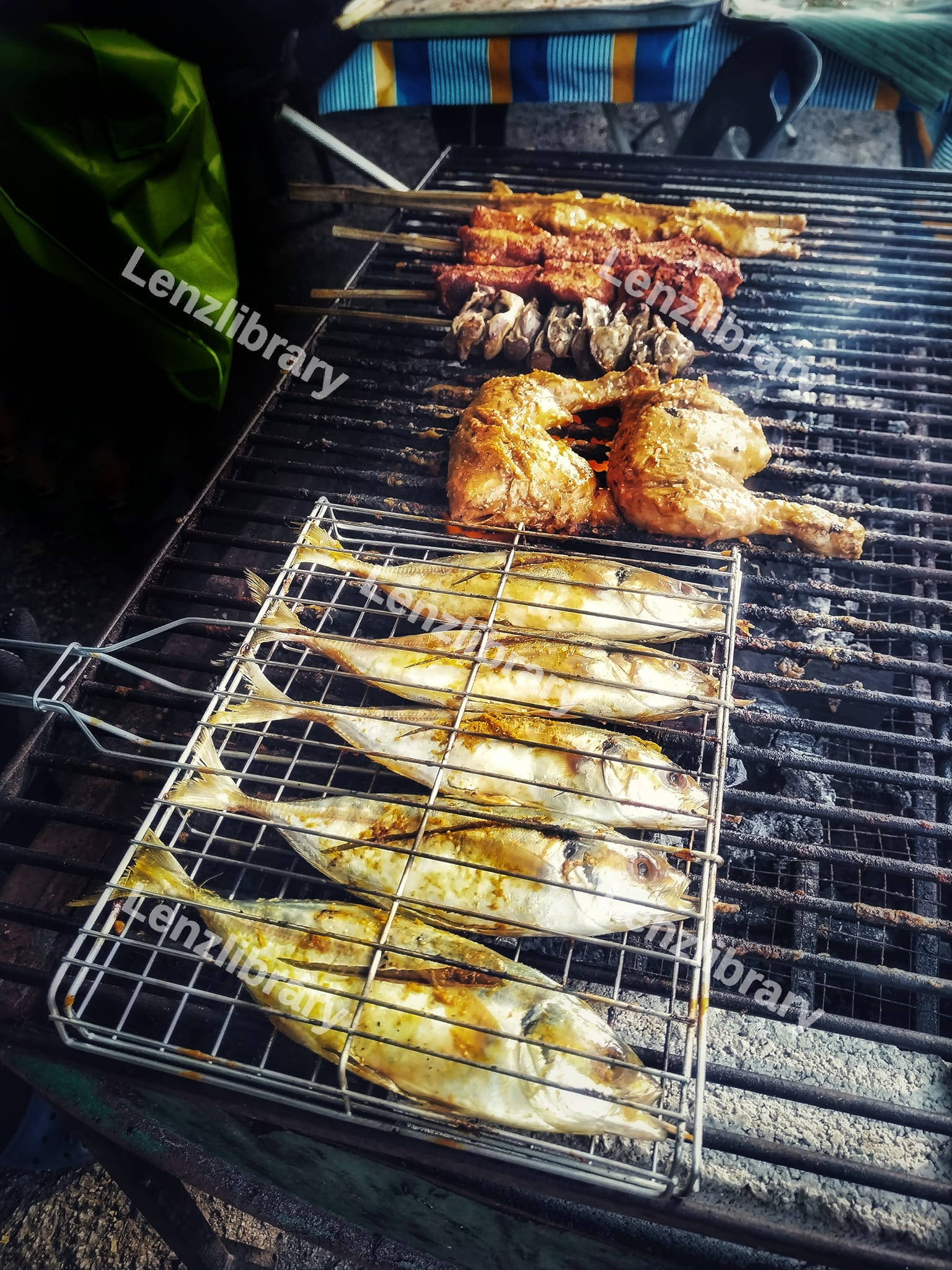 Fish and chicken pieces on a grill